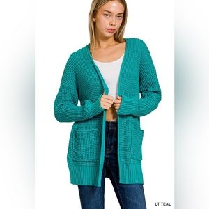 Waffle Knot Open Cardigan | Lt. Teal
